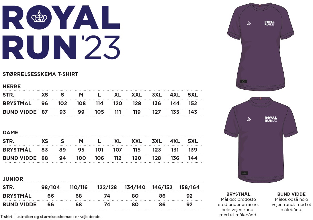 Størrelsesguide: Royal Run T-shirt 2022