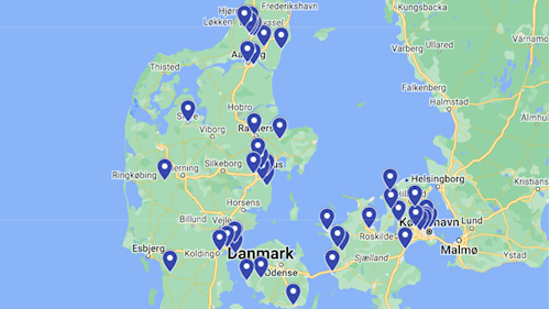Danmarkskort med markeringer de steder, hvor du kan træne op i en løbeklub